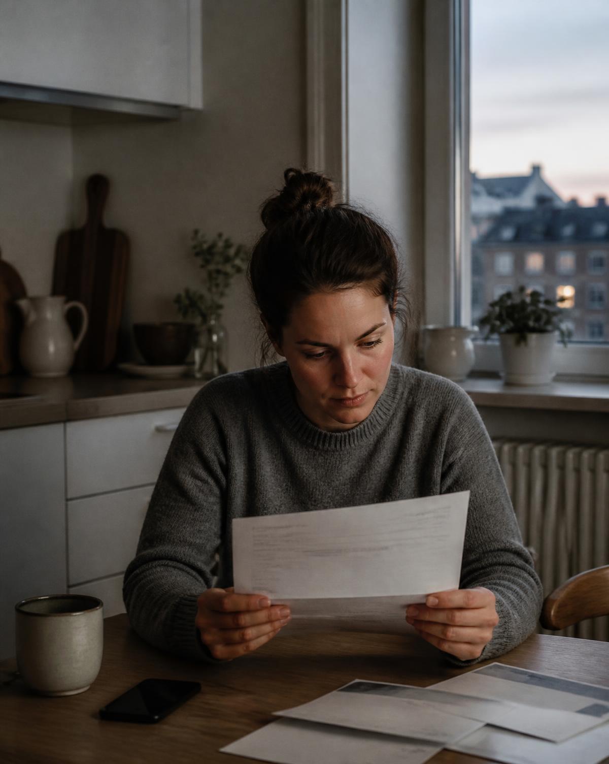 Person i ett nordiskt kök i skymningsljus läser sin pappersfaktura för el